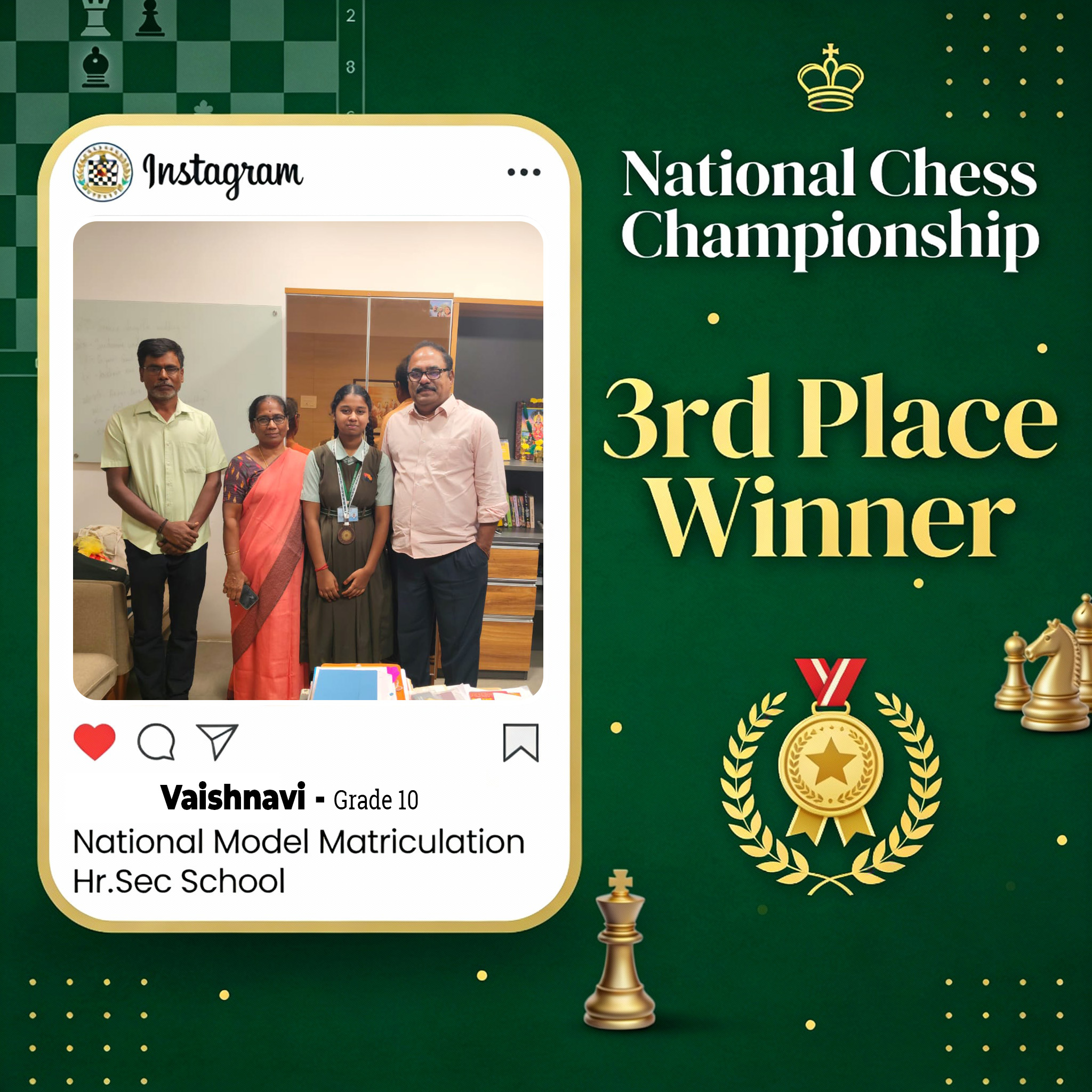 National Glory for National Model: Vaishnavi Wins 3rd Place in Under‑17 Chess